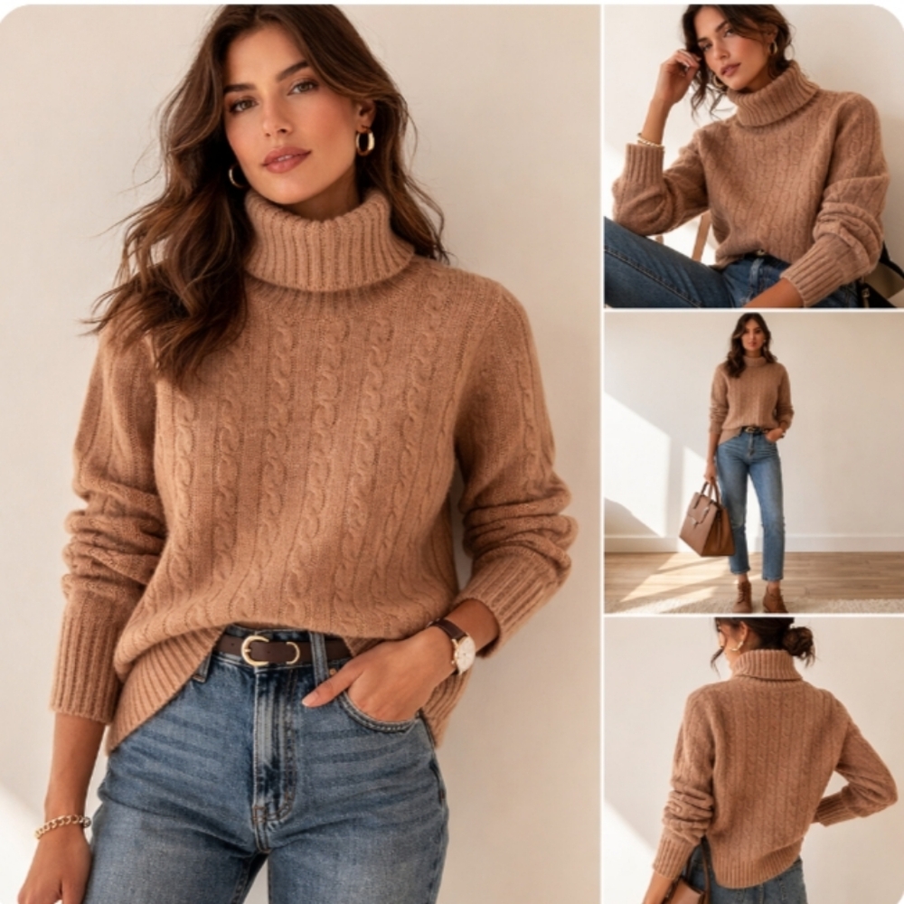 J CREW Wool Blend Cable Knit Turtleneck Sweater In Tan | L